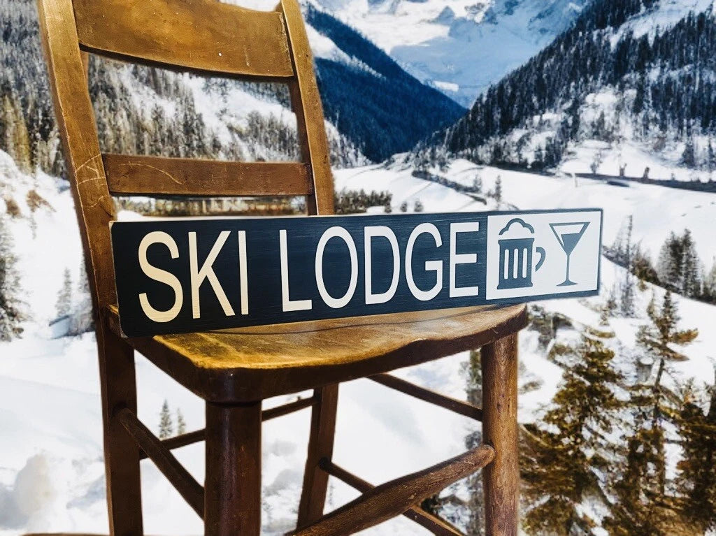 Ski lodge sign wooden vintage style.