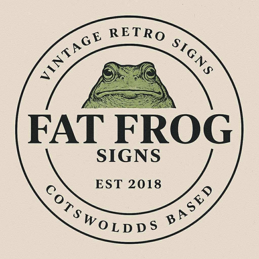 Vintage-style logo for Fat Frog Signs with a frog illustration on a beige background