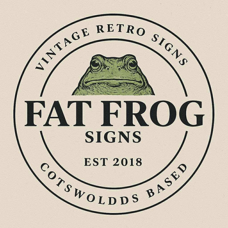 Vintage-style logo for Fat Frog Signs with a frog illustration on a beige background