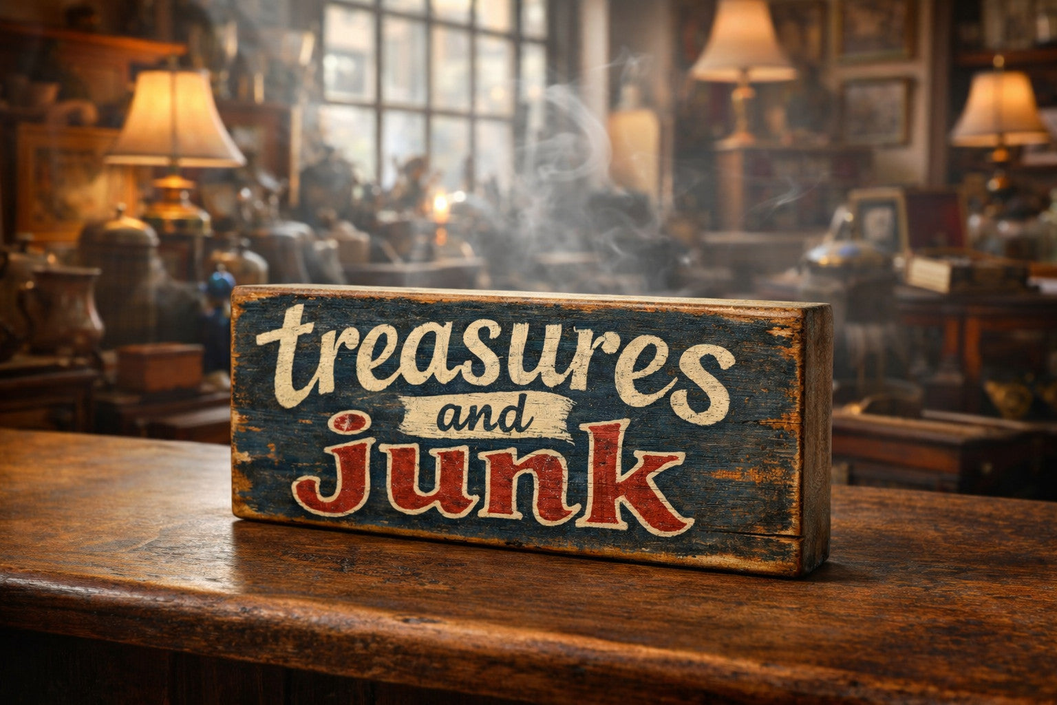 Vintage style Sign Treasures and Junk antique shop signs Junk Shop 28cm wooden