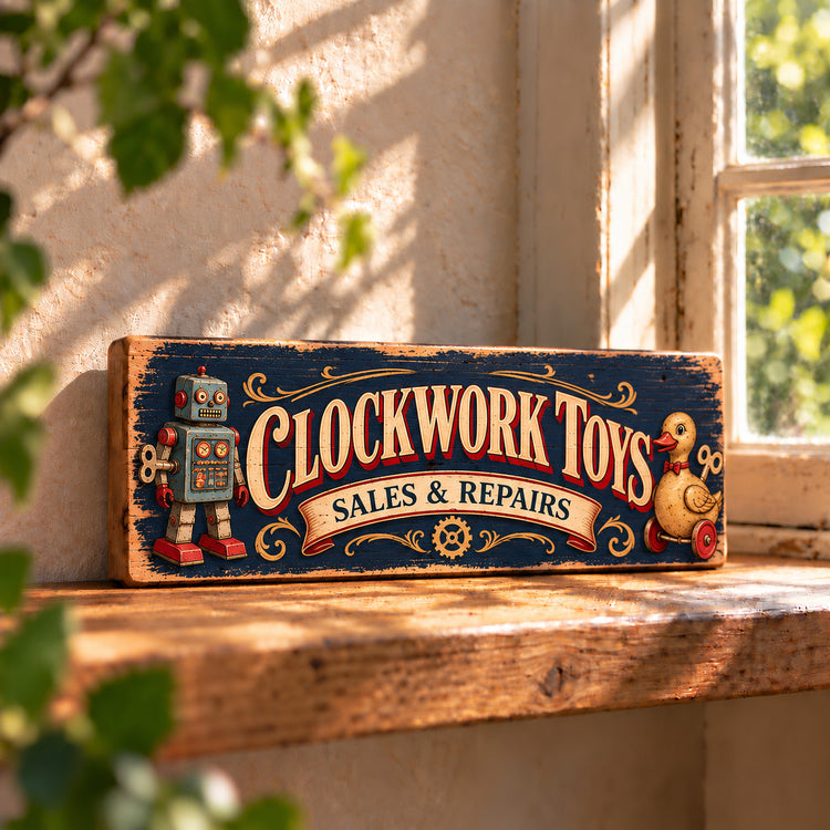 Clockwork Toys Vintage Style Sign Wooden Retro Signs Antique Collector Old Toys
