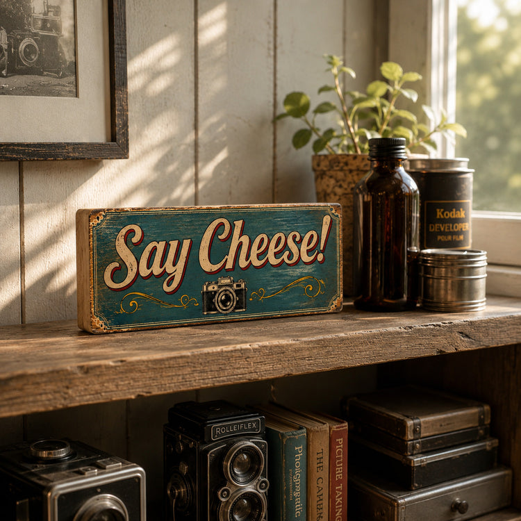 Photography sign say cheese studio 28cm wooden sign vintage OLD CAMERAS