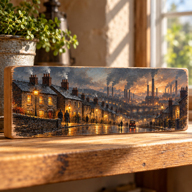 Vintage Industrial Landscape Wooden Sign Victorian Factory Town Wall Art