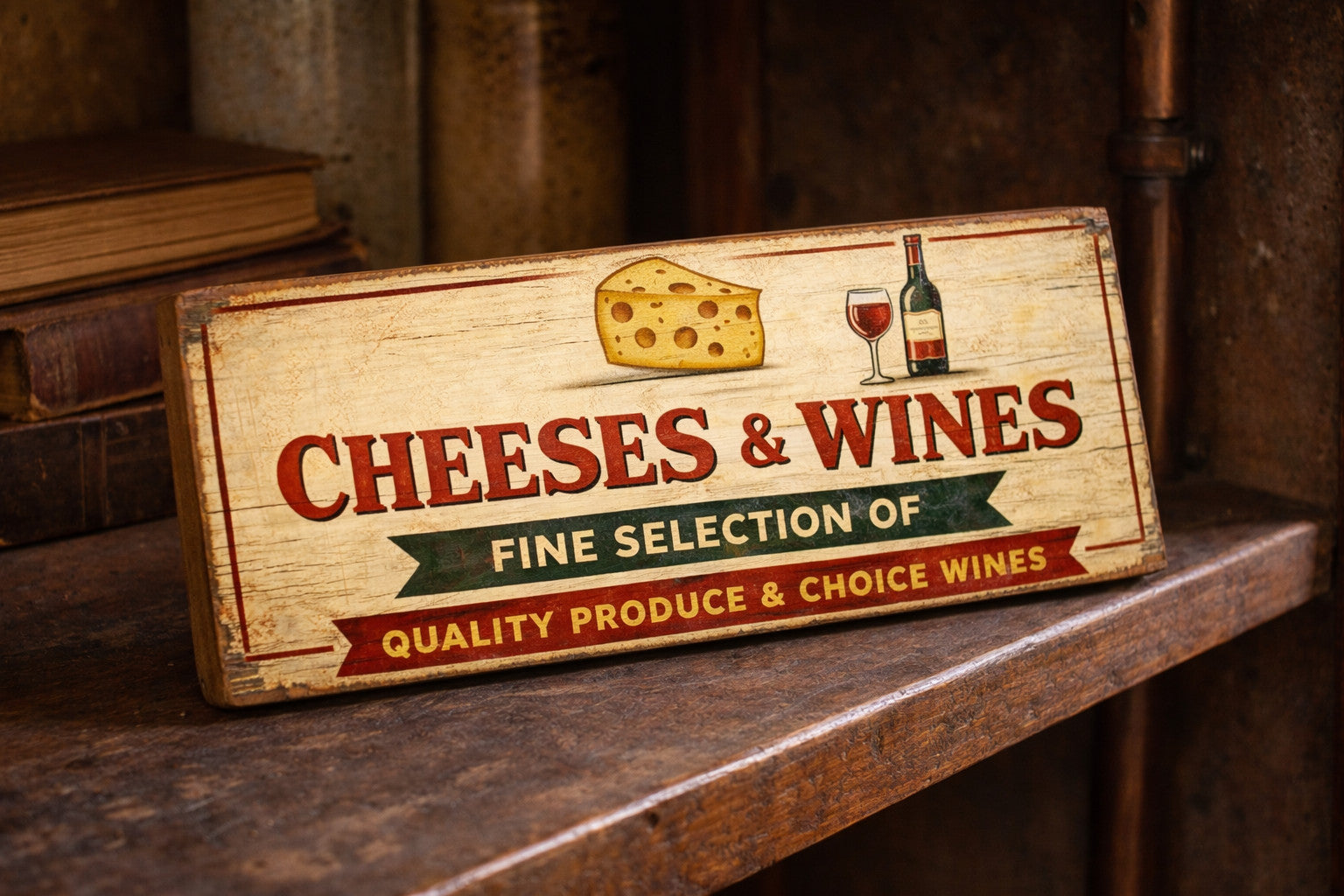 Vintage style sign Cheese wine wooden kitchen WINE shop advertising signs