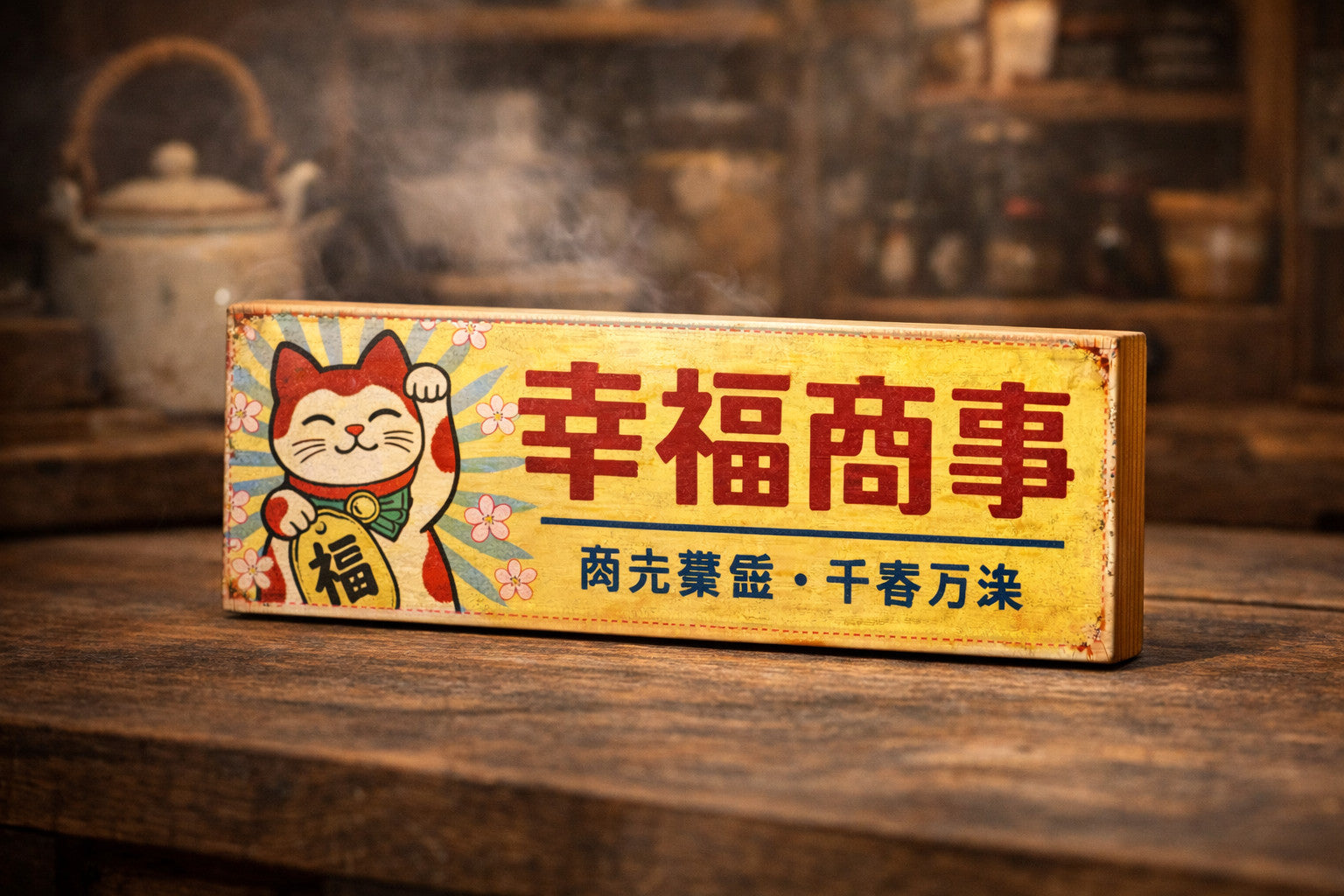 Maneki Neko Japanese Wooden Vintage style sign Maneki Good Luck & Prosperity