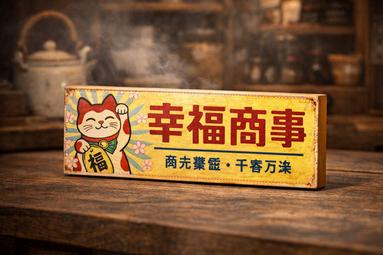 Maneki Neko Japanese Wooden Vintage style sign Maneki Good Luck & Prosperity