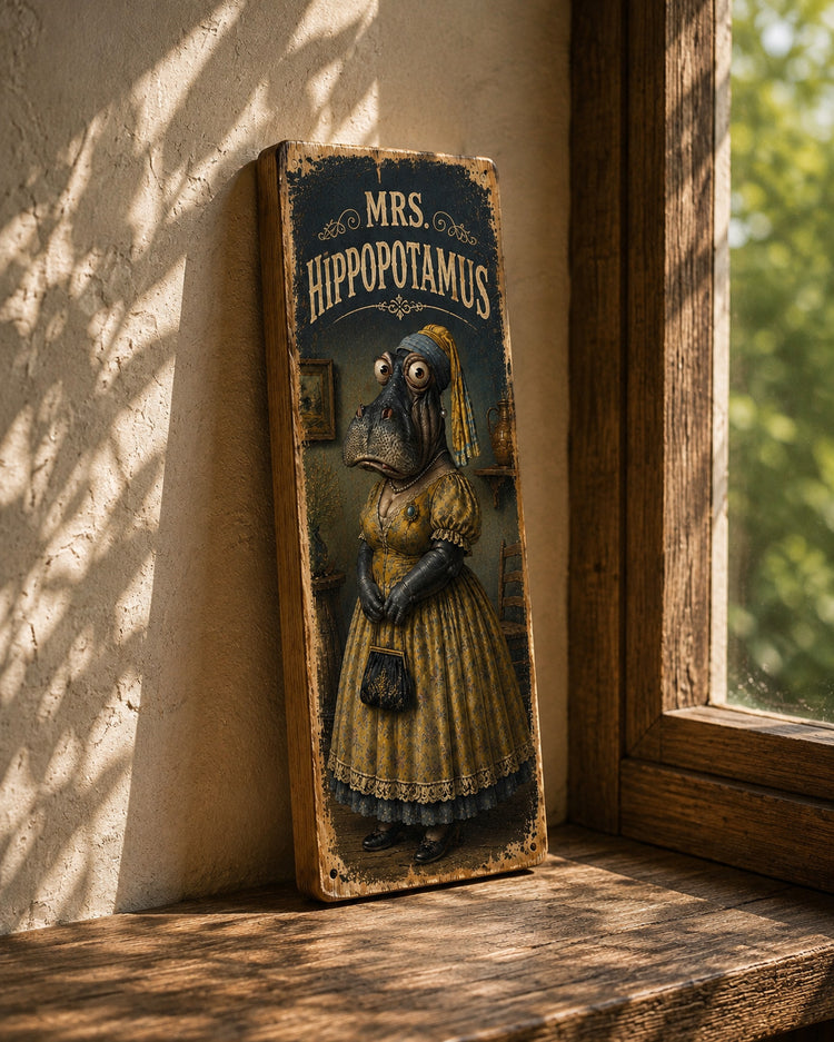 Mrs Hippopotamus wooden sign vintage style Zoo Animals  28cm HIPPOPTAMUS