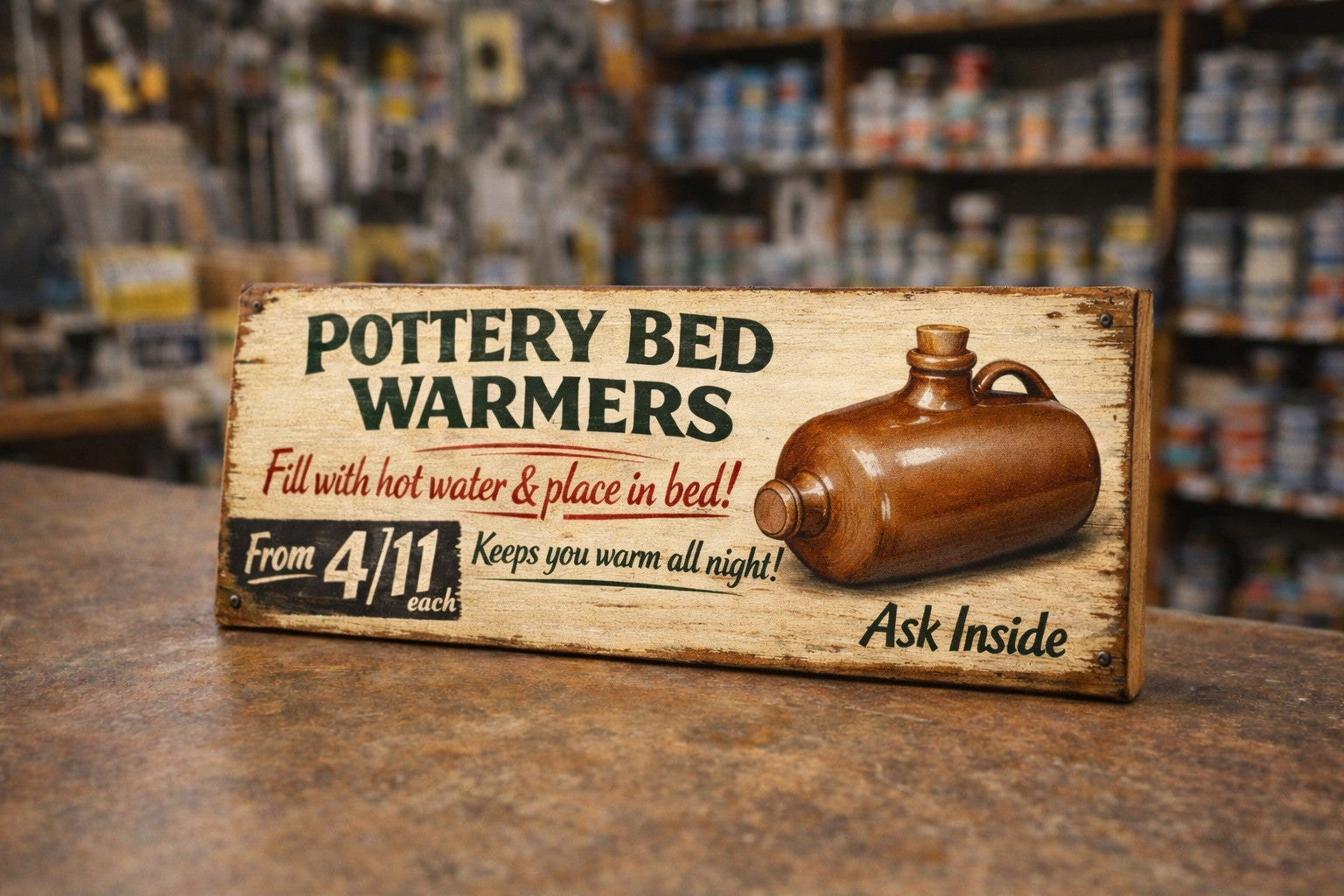 Stoneware bed warmer sign, vintage pottery signs antique advertising signs wood