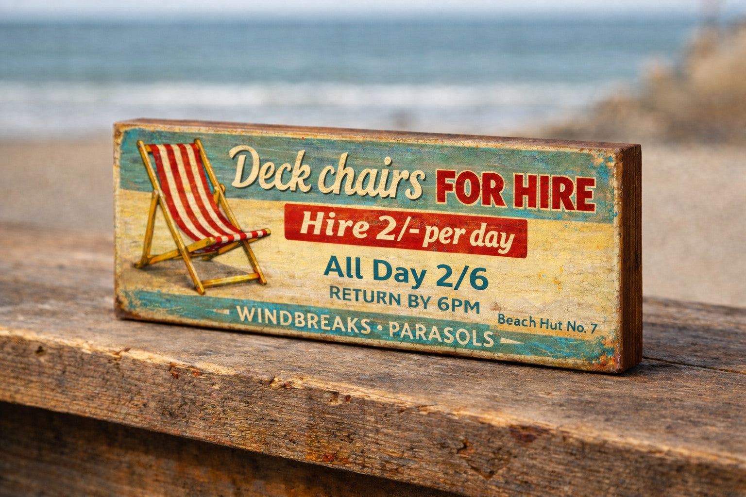 Deck chairs for hire sign vintage style seaside punch & Judy wooden 28cm