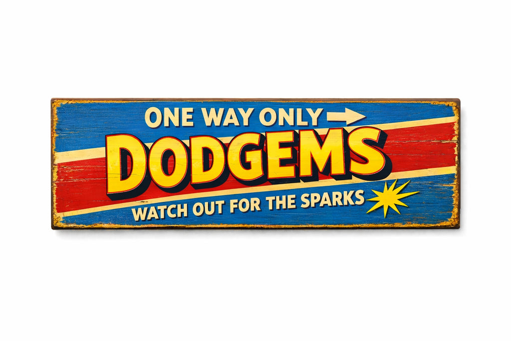 Dodgems Wood Funfair Sign Vintage Style Sign 28cm Wooden Fairground Bumper Cars
