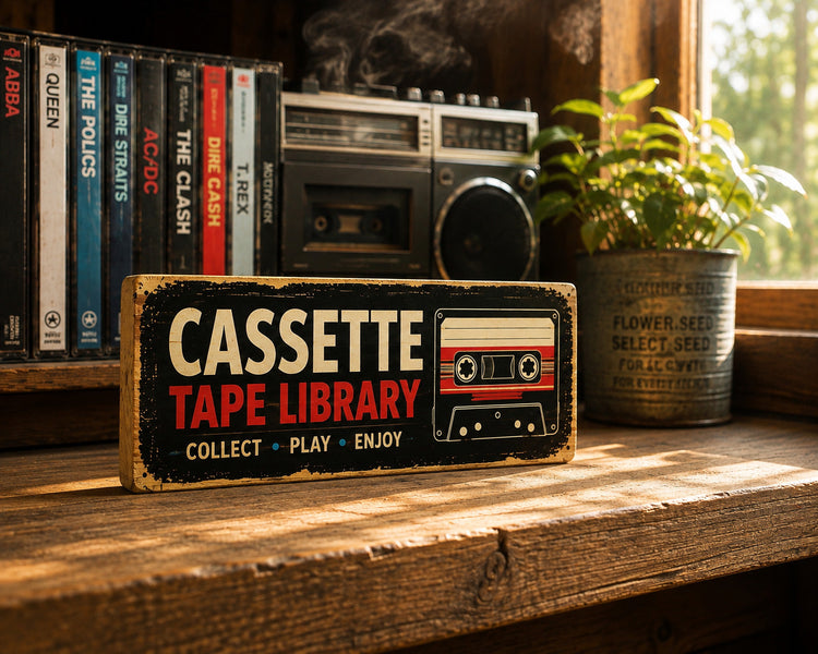 Cassette Tape Library Retro wooden sign Tape 80s 70s Rock Pop Classic 28cm