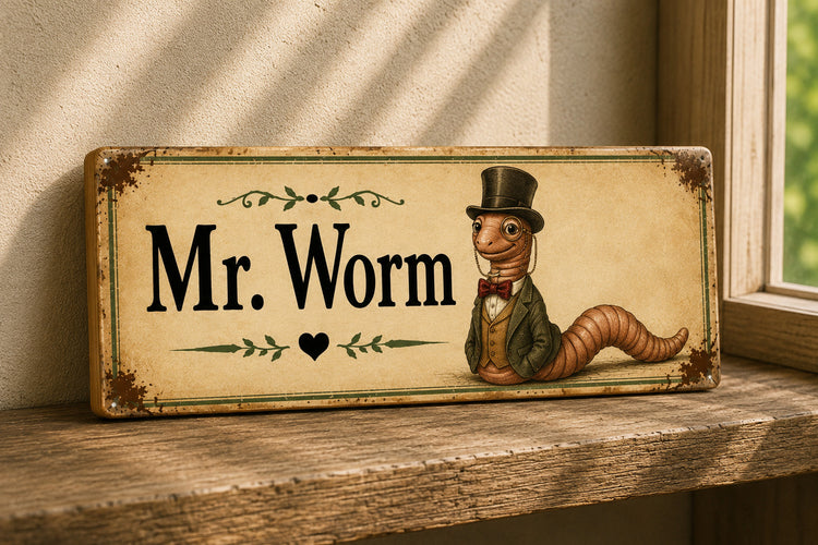 Mr Worm wooden sign vintage style Woodland Animals Worms 28cm