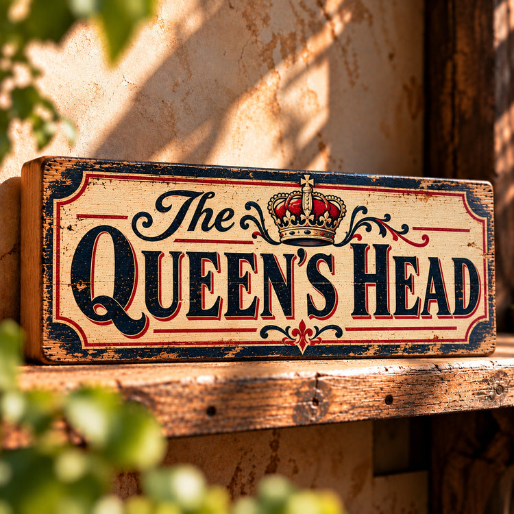 The Queens Head Sign Vintage Style Wooden Old Fashioned Classic Bar British Pubs