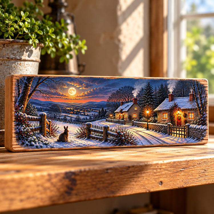 Winter Cottage Landscape Wooden Sign Snowy Village Rabbit Christmas Wall Art