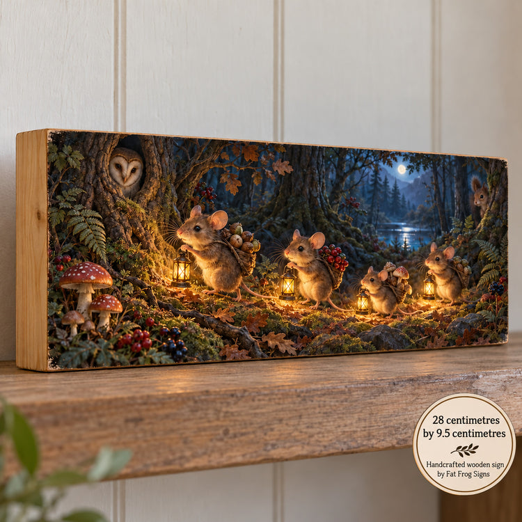 Mouse Art Woodland scene Wooden Sign Cottage Cosy Wall Art Mice Vintage