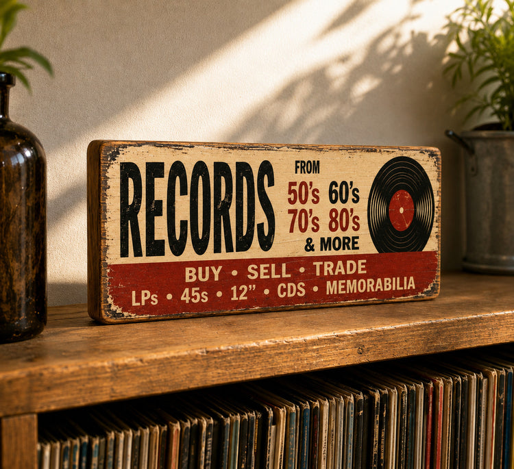 Records Bought & Sold Wooden Sign Record Shop Vinyl Display Retro LPs 45s CDS