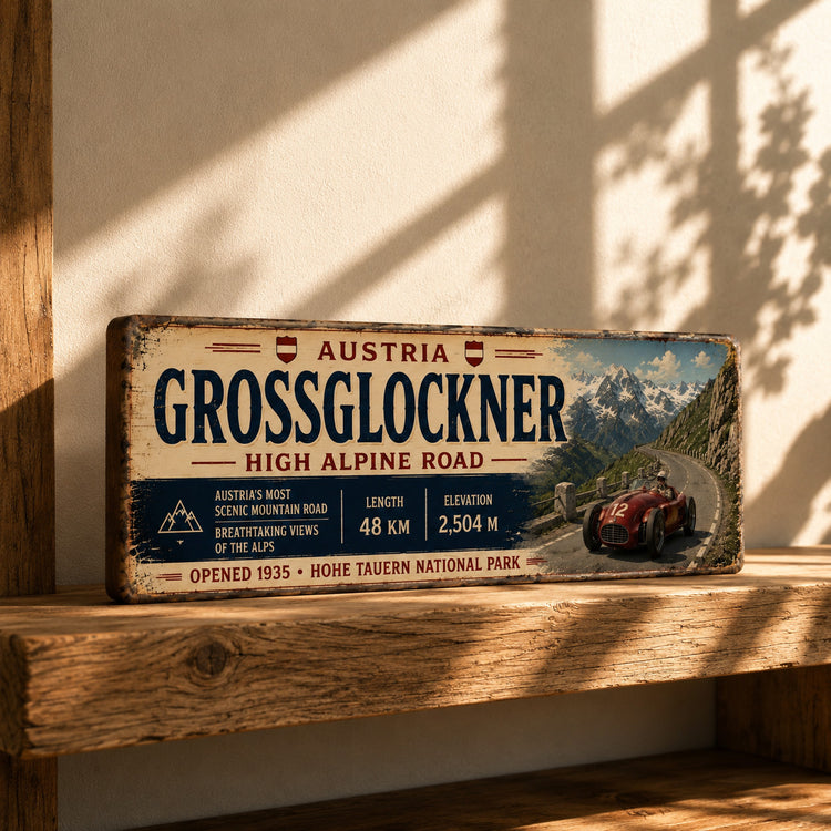 Grossglockner Austria High Alpine Road Vintage Style wooden sign 28cm Motor Race