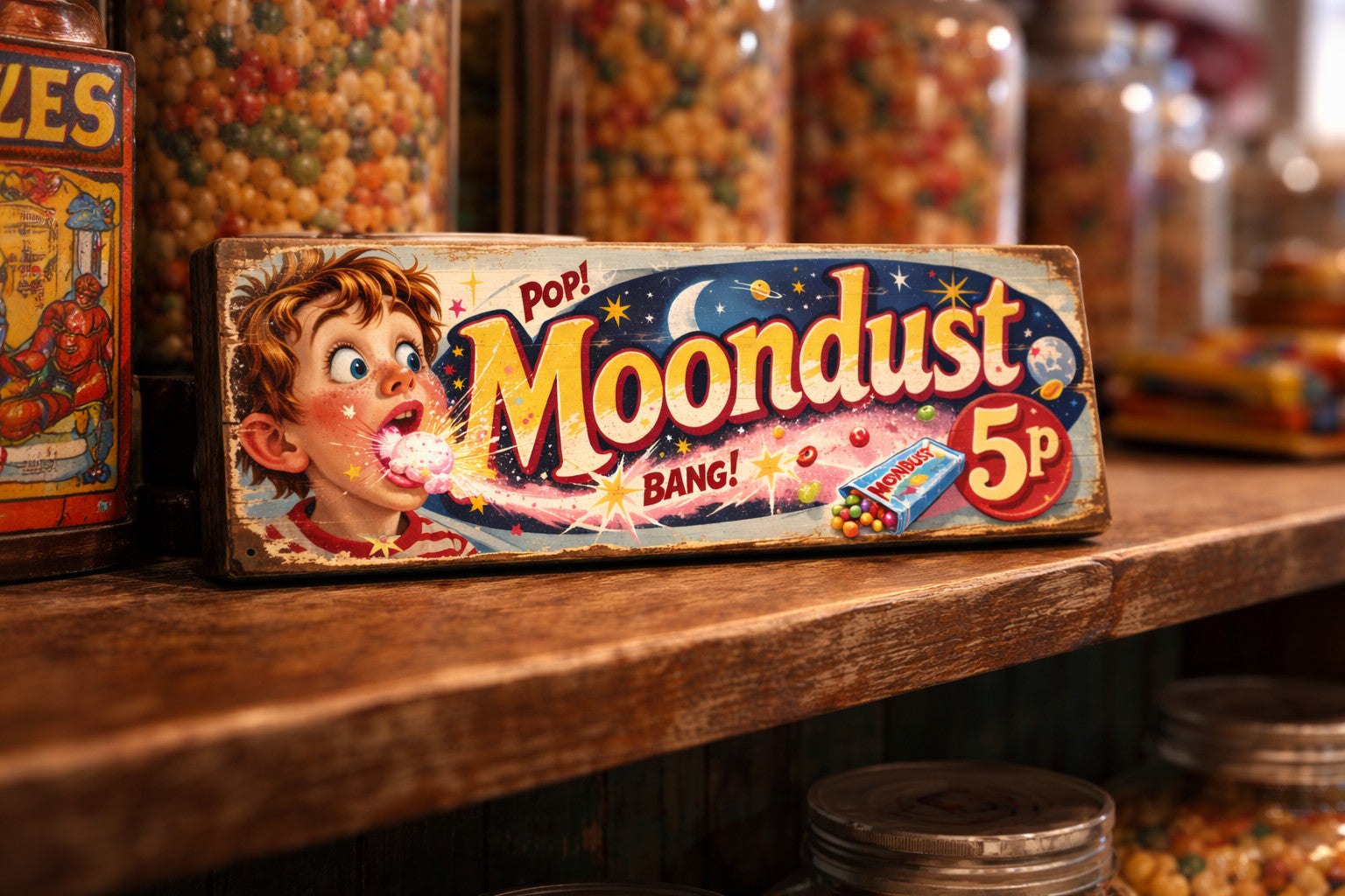 Moondust Sign Vintage Sweet shop signs wooden advertising 70s Retro Signs