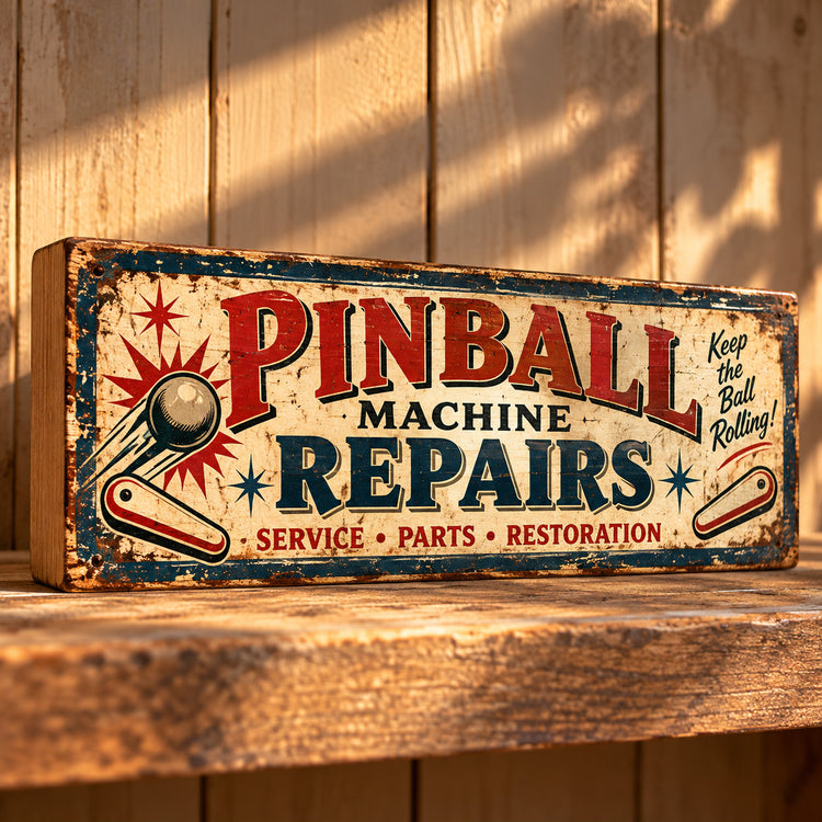 Pinball Machine Repairs Wooden Sign Retro Vintage Arcade Games Room Man Cave