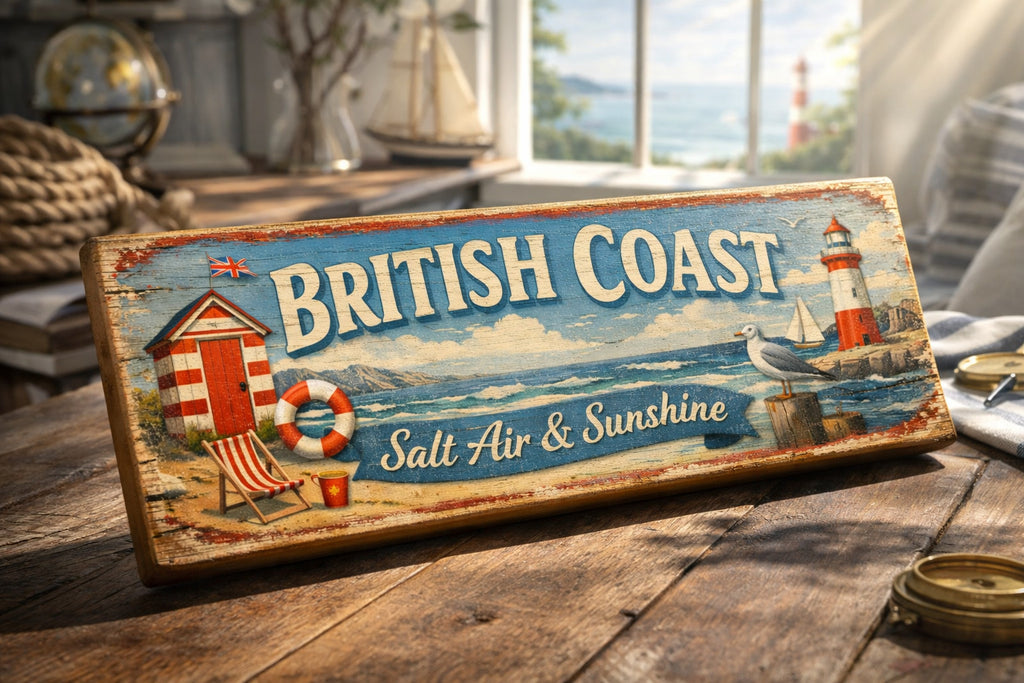 British Coast sign vintage style seaside bathroom ship signs beach wooden 28cm