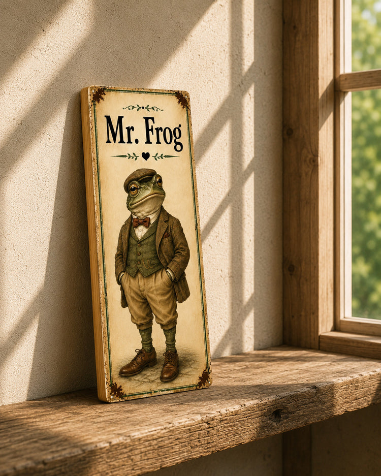 Mr Frog sign wooden sign vintage style Woodland Animals FROGS frog Art 28cm