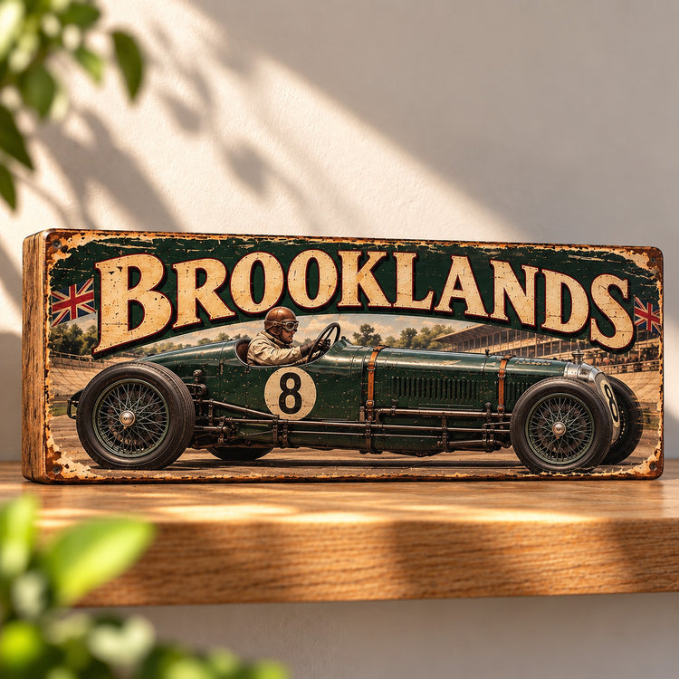 Brooklands Circuit sign vintage style wooden British motorsports Racing 28cm