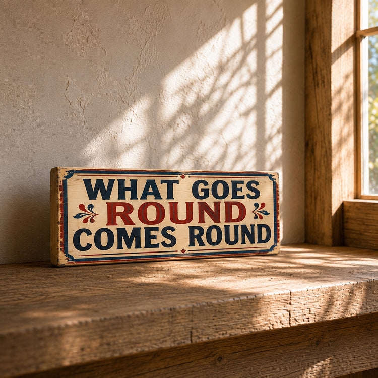 What Goes Round Comes Round Around Sign Vintage Style 28cm
