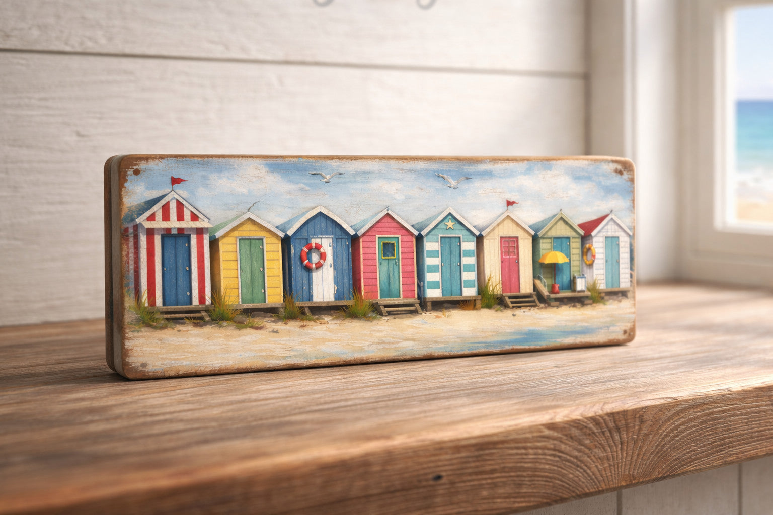 Beach Hut print sign plaque seaside wooden signs 28cm BEACH HUT bathroom