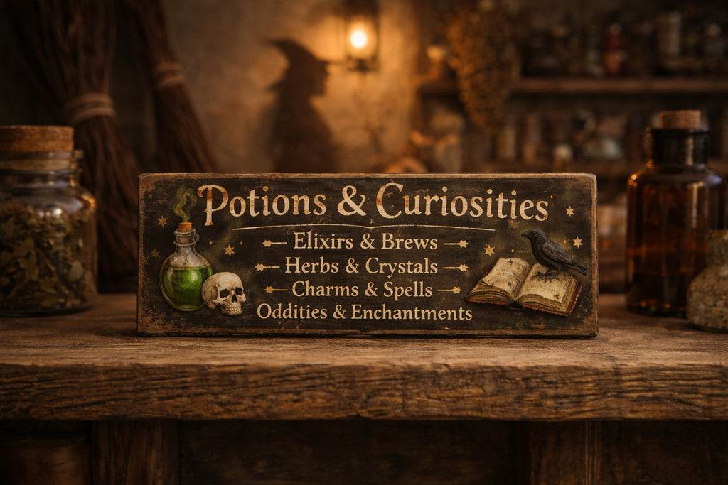Potions witch signs vintage style wooden curiosities spells 28cm witchery