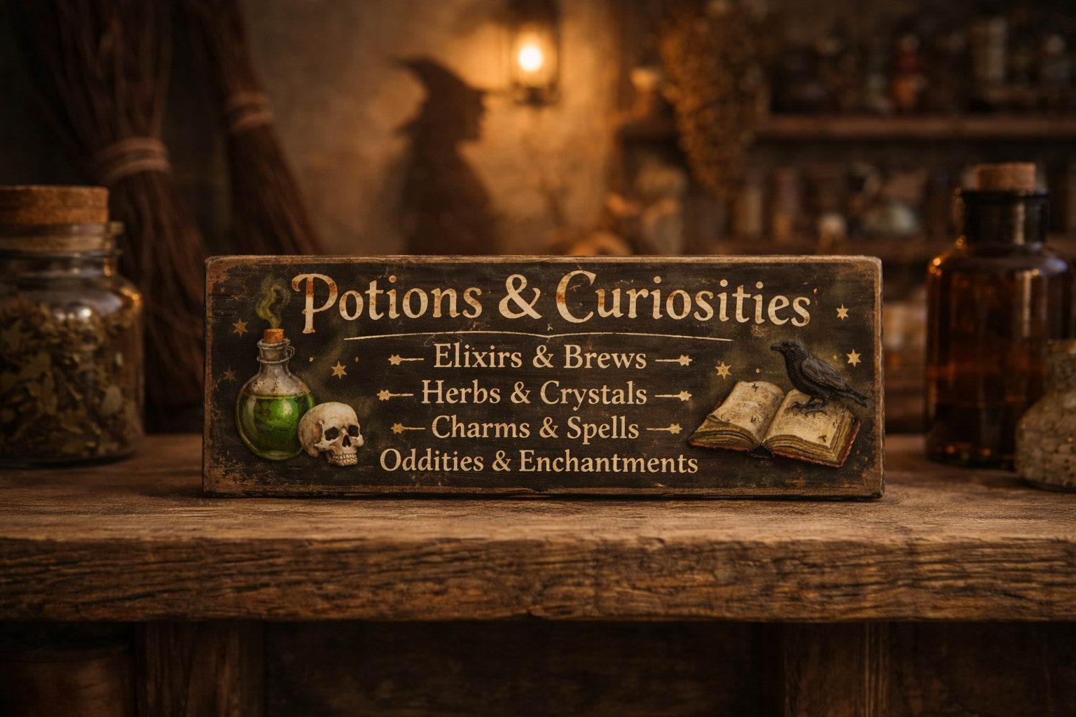 Potions witch signs vintage style wooden curiosities spells 28cm witchery