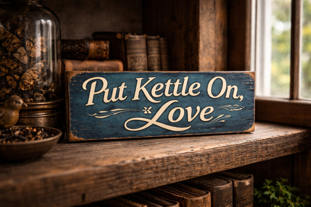 put kettle on love sign wooden vintage style the kitchen sign of home signs