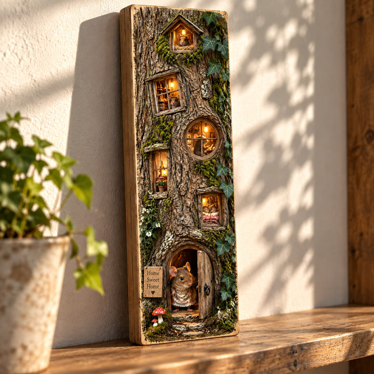 Mouse Art Wooden House Sign Tree house Mice Woodland Cottage Kitchen MOUSE Gift