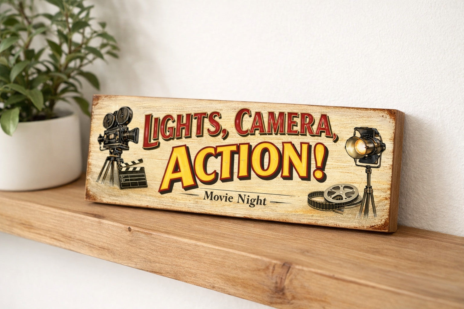 Lights Camera Action Movie Night sign vintage retro style, 28cm wooden signs