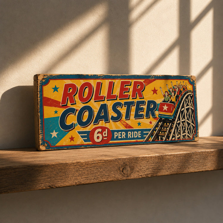 Roller Coaster Sign vintage style wooden plaque fairground funfair seaside
