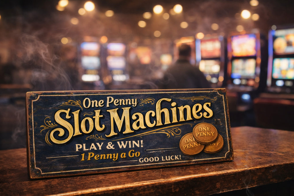 One Penny Slot Machines sign vintage antique style 28cm old Arcade wooden