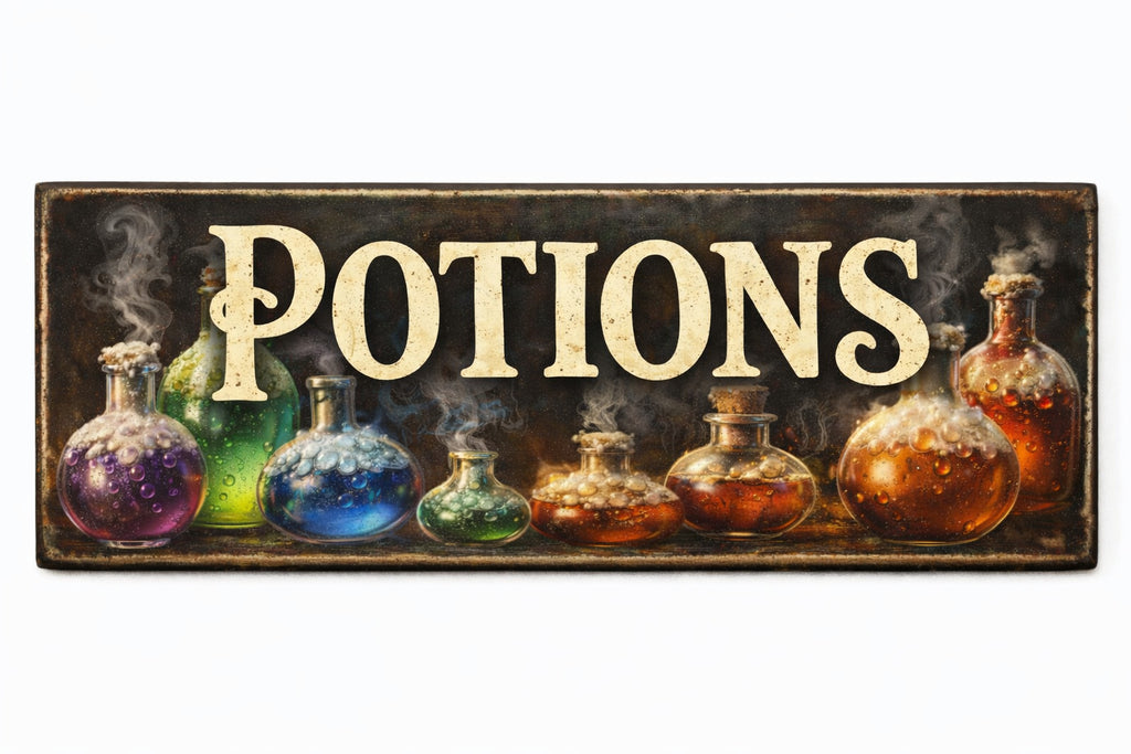 Potions sign vintage style wooden witchcraft spells 28cm witchery wizard