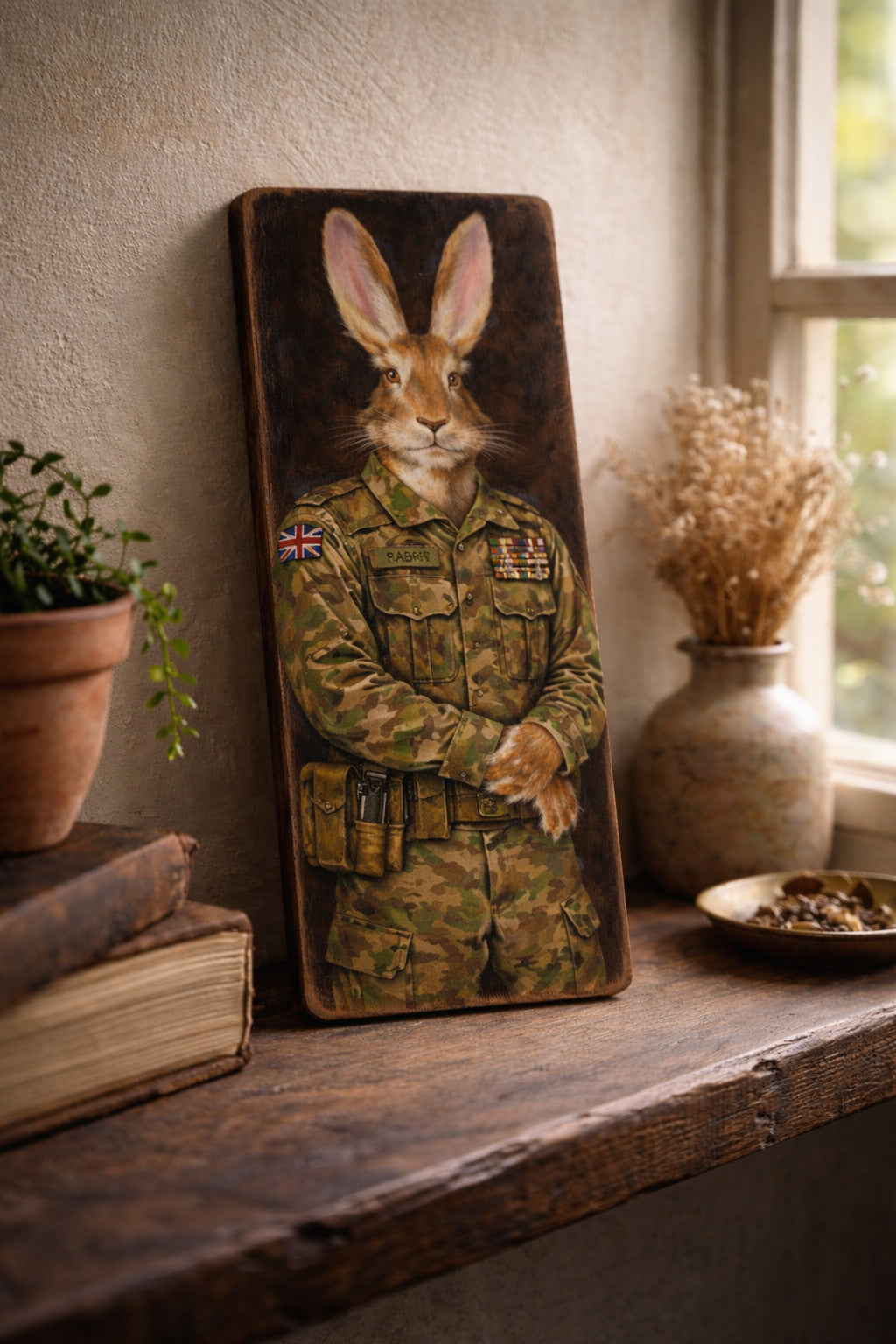Army Hare Rabbit Art wooden plaque Vintage Animal Wall Rabbits Bunny HARE 28cm