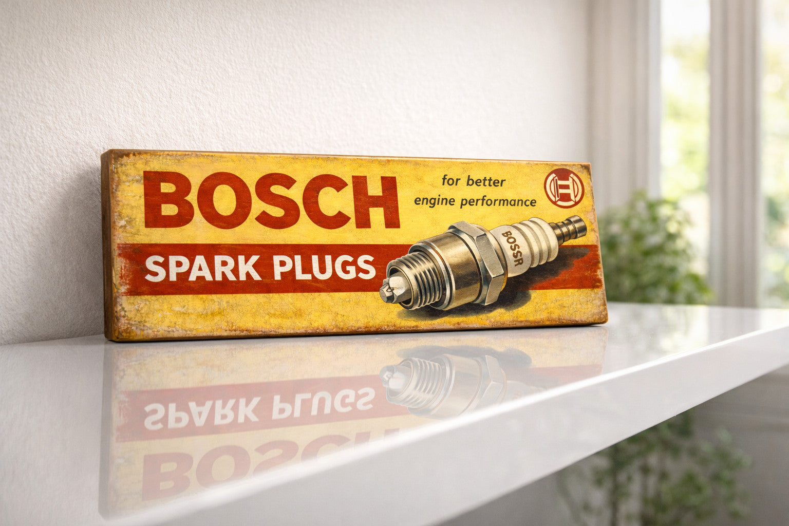 Bosch Spark plugs Retro Workshop Sign wooden Weathered style 1950's