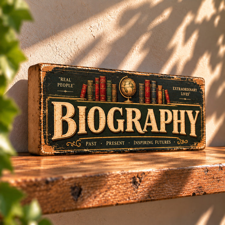 Biography Book Sign Library Vintage Style Wooden Sign Bookshop Reading