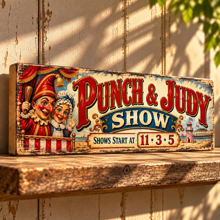 Punch & Judy sign vintage style seaside puppets old antique signs wooden pear