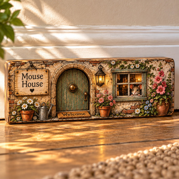 Mouse House Art wooden sign cosy signs Mouse Hole mice skirting boar  home 28cm