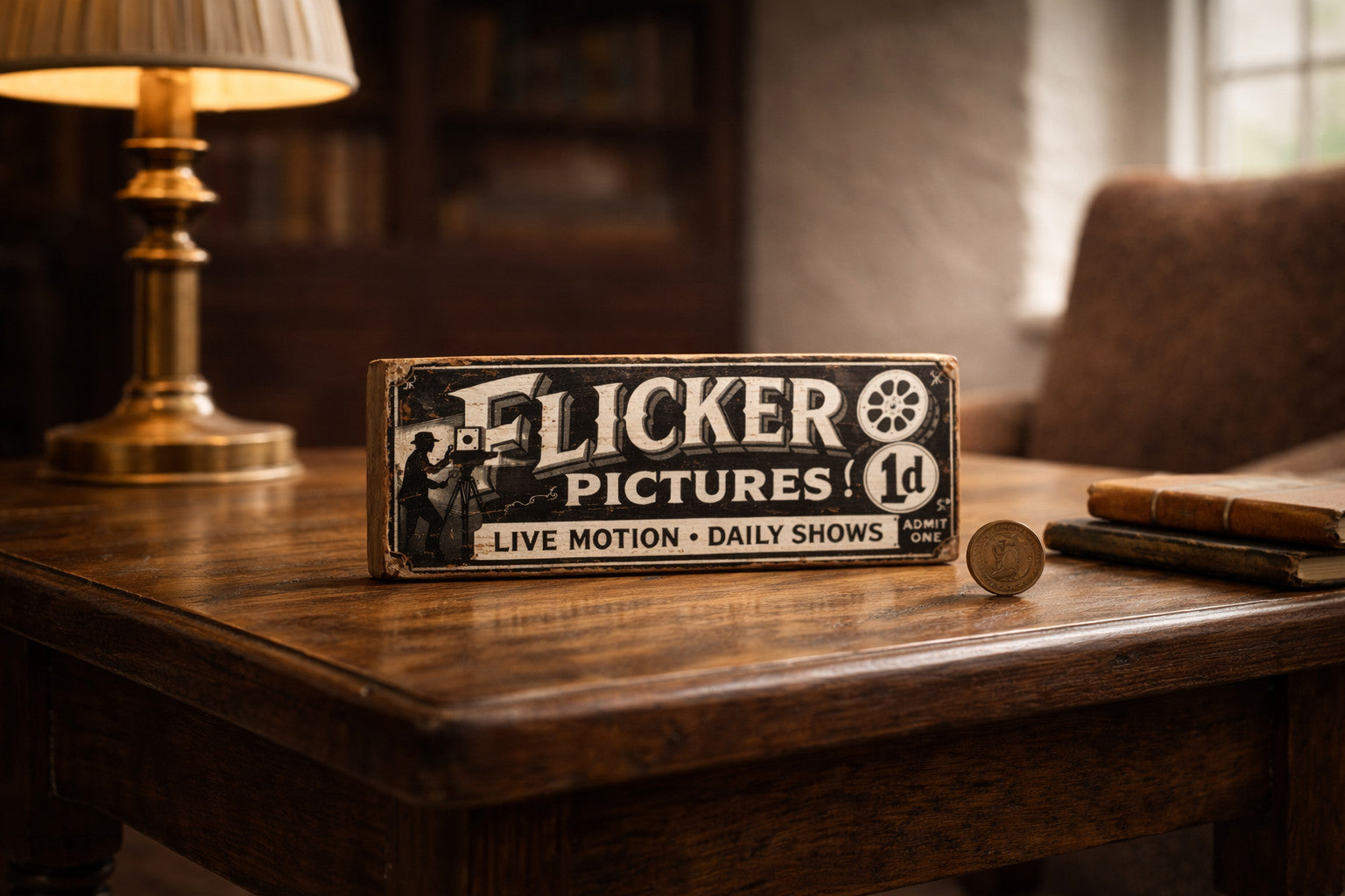 Old Flicker pictures vintage style wooden sign 28cm movie picture house