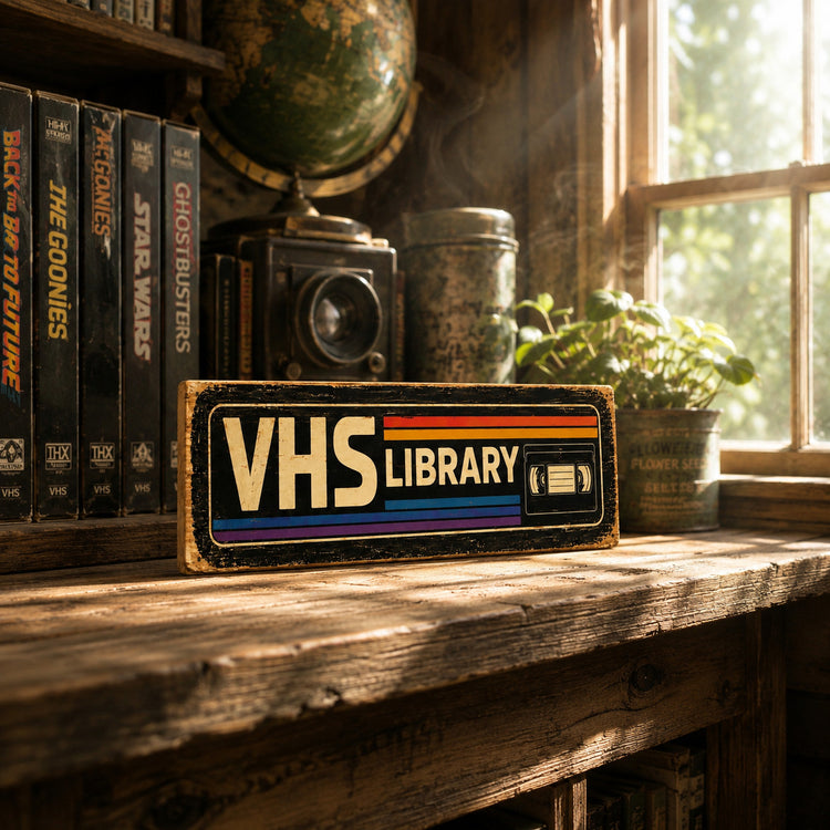 VHS Library wooden Retro sign Video Tape Collector 80s 70s Cinema Man Cave 28cm