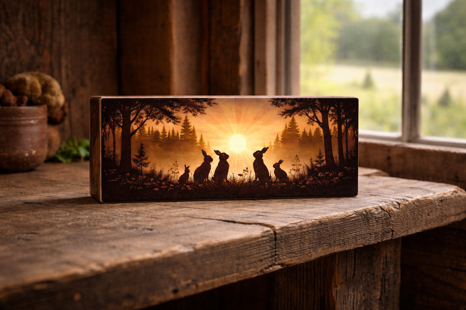Rabbits Art Prints Plaque Wooden Gift Sunrise original 28cm unique RABBIT ART