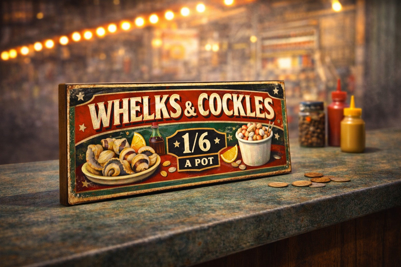 Whelks & Cockles Sign vintage style Fairground circus signs 70s wooden 28cm