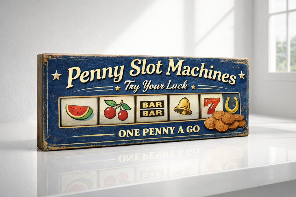 Penny Slot Machine sign vintage antique style 28cm old Arcade Machines wooden