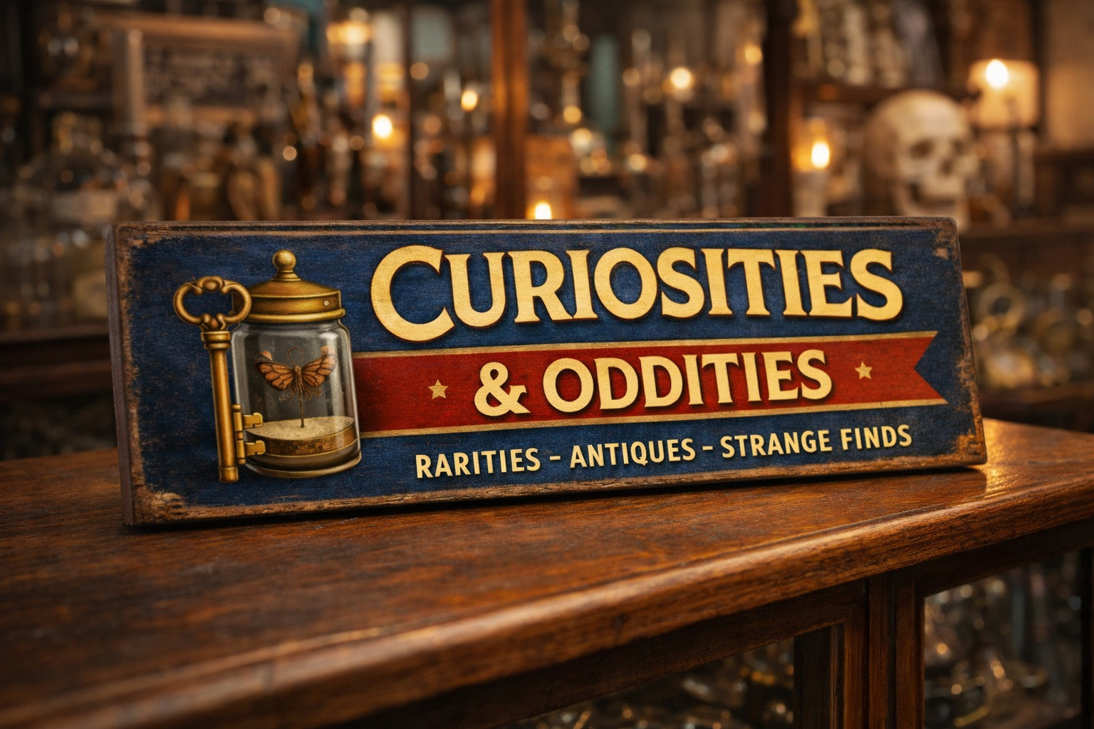 Curiosities Oddities sign vintage antique style signs wooden 28cm Old Shop Store