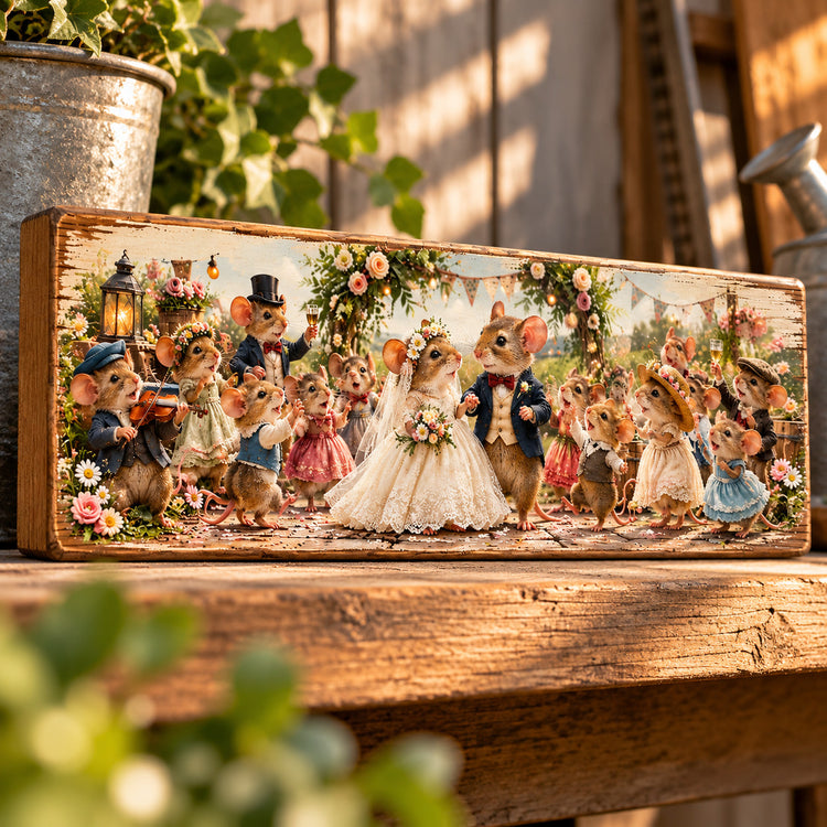 Mouse Art Woodland scene Wooden Sign Cottage Cosy Mice Wedding Wall Art
