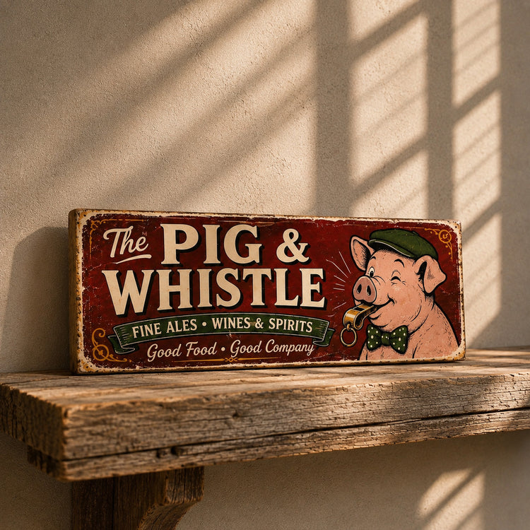 The Pig & Whistle Pub Sign Wooden vintage style home bar 28 cm MAN CAVE