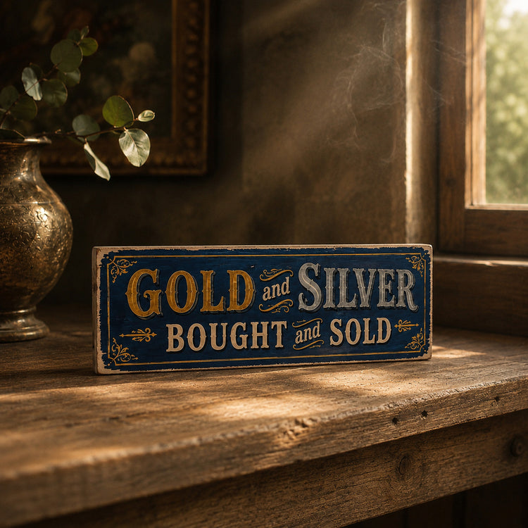 Gold Silver vintage style wood Sign Jewellery Antique WE BUY GOLD and SILVER